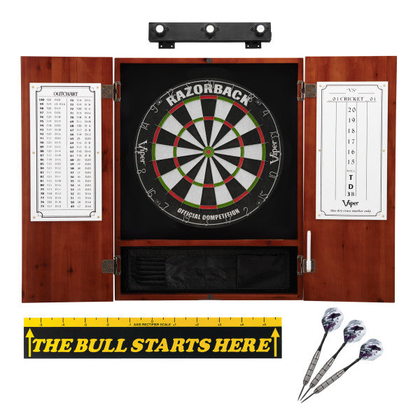 Viper Razorback Sisal Dartboard, Viper Underground Raven Steel Tip Darts 25 Grams, Metropolitan Cinnamon Cabinet, Shadow Buster Dartboard Lights & "The Bull Starts Here" Throw Line Marker