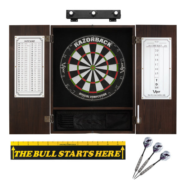 Viper Razorback Sisal Dartboard, Viper Underground Raven Steel Tip Darts 25 Grams, Metropolitan Espresso Cabinet, Shadow Buster Dartboard Lights & "The Bull Starts Here" Throw Line Marker