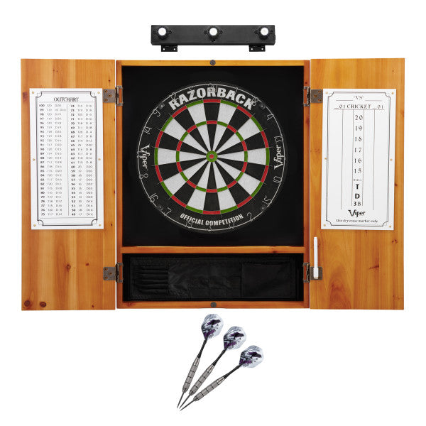 Viper Razorback Sisal Dartboard, Metropolitan Oak Cabinet, Underground The Raven Steel Tip Darts & Shadow Buster Dartboard Lights