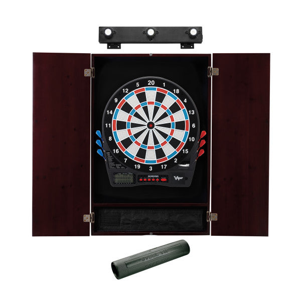 Viper Showdown Electronic Dartboard, Metropolitan Mahogany Cabinet, Padded Dart Mat & Shadow Buster Dartboard Lights