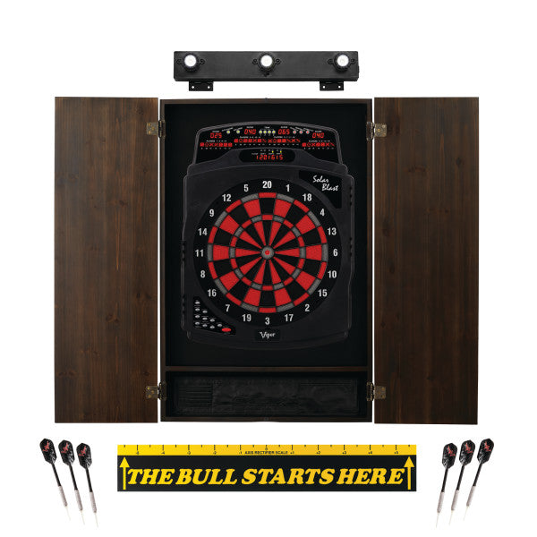 Viper Solar Blast Electronic Dartboard, Metropolitan Espresso Cabinet, Throw Line Marker & Shadow Buster Dartboard Light Bundle