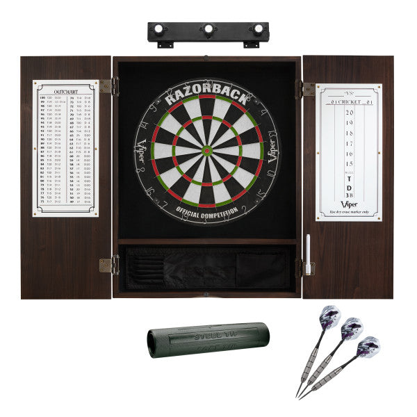 Viper Razorback Sisal Dartboard, Metropolitan Espresso Cabinet, Shadow Buster Dartboard Lights & Padded Dart Mat