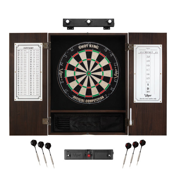 Viper Shot King Sisal Dartboard, Metropolitan Mahogany Cabinet, Shadow Buster Dartboard Lights & Throw Line Light Marker