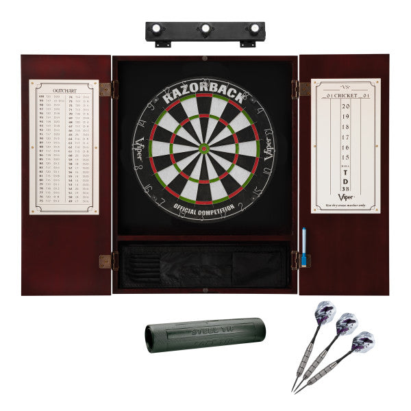 Viper Razorback Sisal Dartboard, Metropolitan Mahogany Cabinet, Shadow Buster Dartboard Lights & Padded Dart Mat