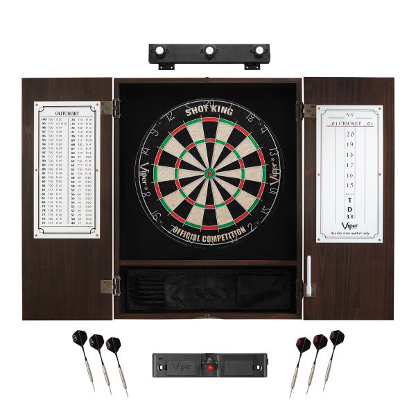 Viper Shot King Sisal Dartboard, Metropolitan Espresso Cabinet, Shadow Buster Dartboard Lights & Throw Line Light Marker