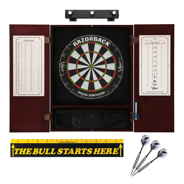 Viper Razorback Sisal Dartboard, Viper Underground Raven Steel Tip Darts 25 Grams, Metropolitan Mahogany Cabinet, Shadow Buster Dartboard Lights & "The Bull Starts Here" Throw Line Marker