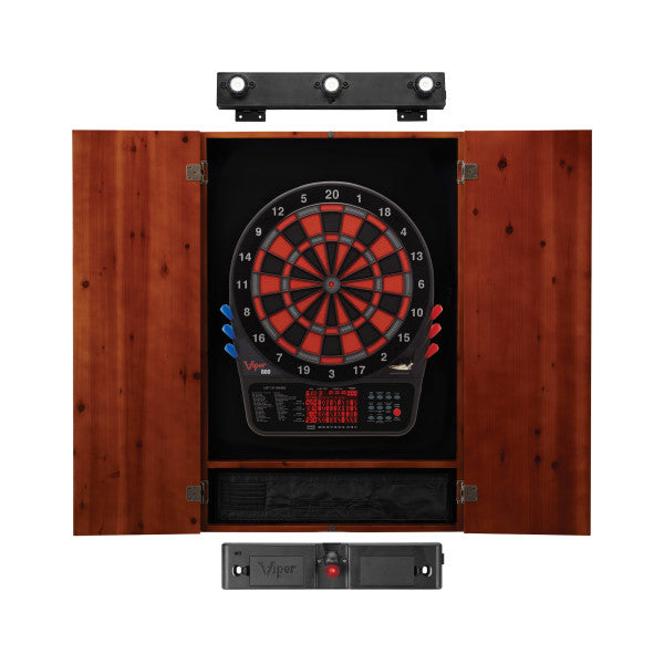Viper 800 Electronic Dartboard, Metropolitan Cinnamon Cabinet, Throw Line Light & Shadow Buster Dartboard Light Bundle