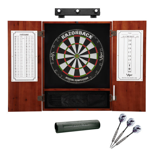 Viper Razorback Sisal Dartboard, Metropolitan Cinnamon Cabinet, Shadow Buster Dartboard Lights, Padded Dart Mat & Underground Raven Steel Tip Darts