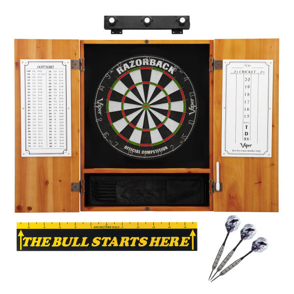 Viper Razorback Sisal Dartboard, Viper Underground Raven Steel Tip Darts 25 Grams, Metropolitan Oak Cabinet, Shadow Buster Dartboard Lights & "The Bull Starts Here" Throw Line Marker