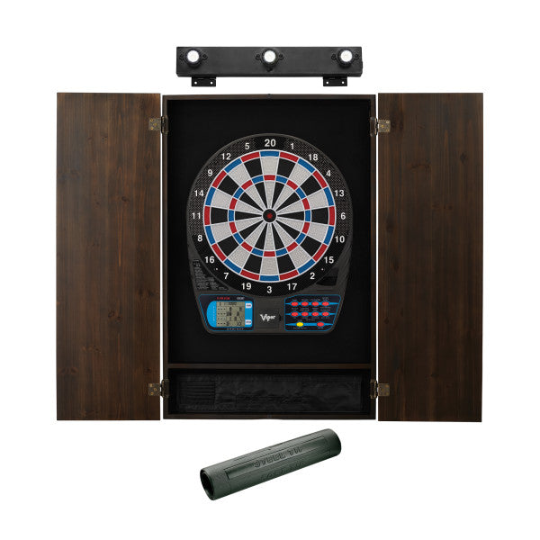 Viper 787 Electronic Dartboard, Metropolitan Espresso Cabinet, Dart Mat & Shadow Buster Dartboard Light Bundle