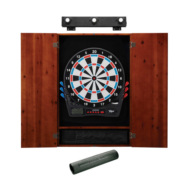 Viper Showdown Electronic Dartboard, Metropolitan Cinnamon Cabinet, Dart Mat & Shadow Buster Dartboard Light Bundle