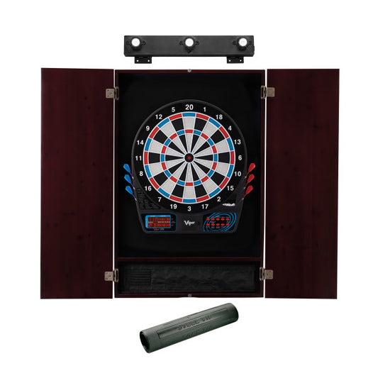 Viper 777 Electronic Dartboard, Metropolitan Mahogany Cabinet, Dart Mat & Shadow Buster Dartboard Light