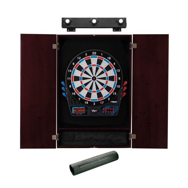 Viper 777 Electronic Dartboard, Metropolitan Mahogany Cabinet, Dart Mat & Shadow Buster Dartboard Light