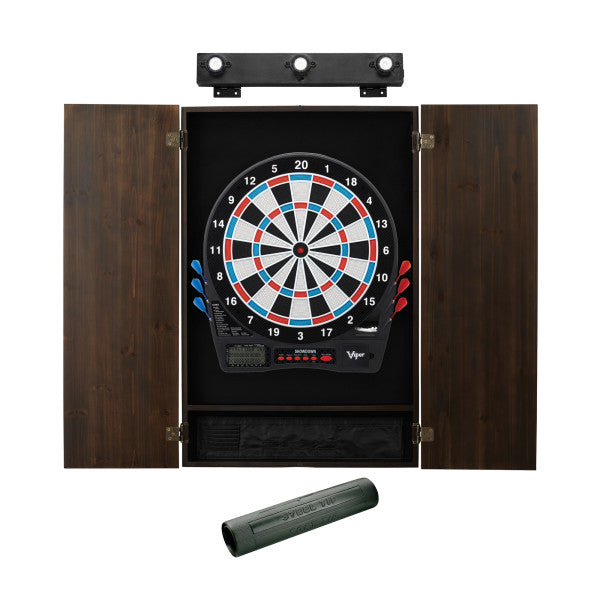 Viper Showdown Electronic Dartboard, Metropolitan Espresso Cabinet, Dart Mat & Shadow Buster Dartboard Light Bundle