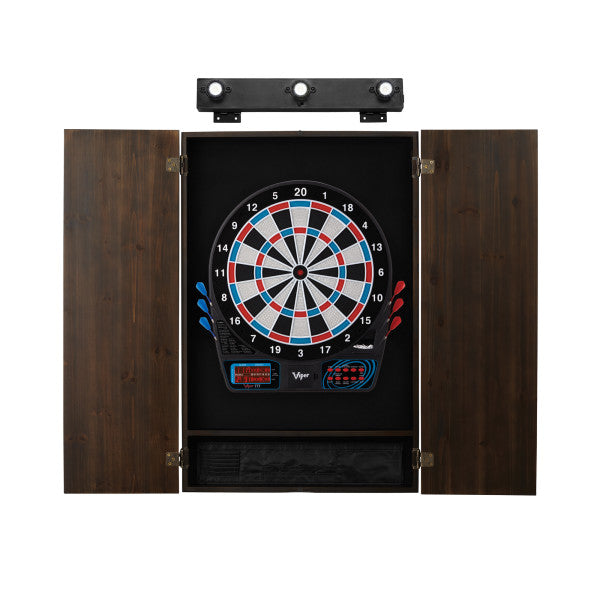 Viper 777 Electronic Dartboard, Metropolitan Espresso Cabinet & Shadow Buster Dartboard Light Bundle