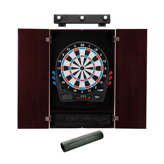 Viper Showdown Electronic Dartboard, Metropolitan Mahogany Cabinet, Padded Dart Mat & Shadow Buster Dartboard Lights