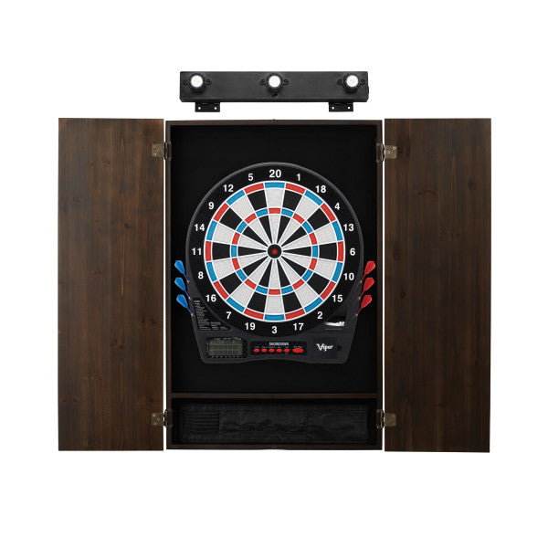 Viper Showdown Electronic Dartboard, Metropolitan Espresso Cabinet & Shadow Buster Dartboard Light Bundle