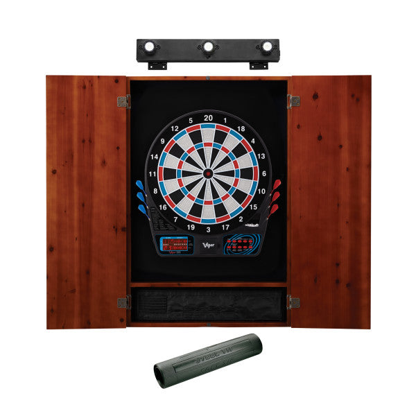Viper 777 Electronic Dartboard, Metropolitan Cinnamon Cabinet, Dart Mat & Shadow Buster Dartboard Light
