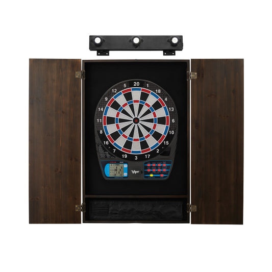 Viper 787 Electronic Dartboard, Metropolitan Espresso Cabinet & Shadow Buster Dartboard Light Bundle