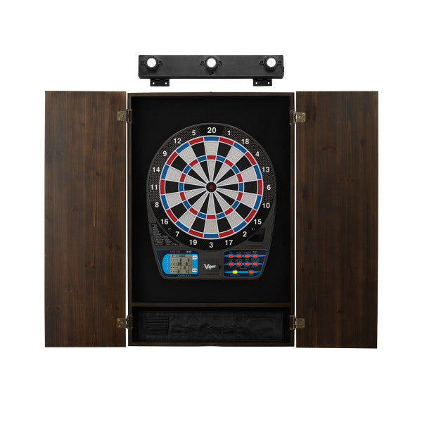 Viper 787 Electronic Dartboard, Metropolitan Espresso Cabinet & Shadow Buster Dartboard Light Bundle