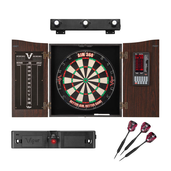 Viper Vault Deluxe Dartboard Cabinet with Built-In Pro Score, AIM 360 Dartboard, Throw Line Light, and Shadow Buster Light